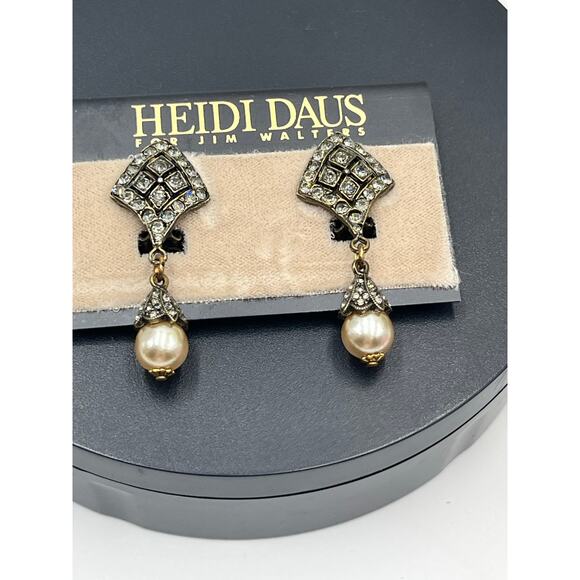 HEIDI DAUS Crystal Pave Diamond Pearl Drop Dangle Earrings Vintage Style Glamour - Picture 2 of 11